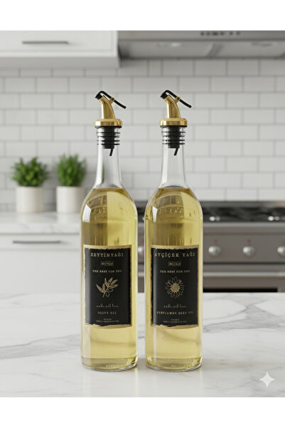 BÜYÜLÜ HOME 2 li Şeffaf Cam 750 Ml Gold Tıpalı Ayçiçek Yağı Zeytinyağı Yağdanlık Şişesi