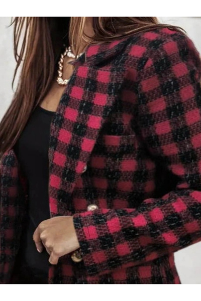 Modayakamoz    Women's Long Sleeve Collared Square Patterned Plaid Buttoned Jacket