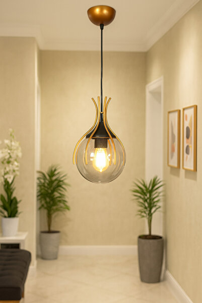 VENON Aydınlatma Azur Tekli Gold Siyah (füme Glop Cam) Avize Sarkıt Avize Mut...