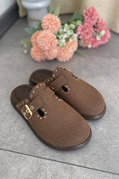Tamdabu Ayakkabı Brown Suede Comfortable and Stylish Daily Women's Slippers Tmd2025002