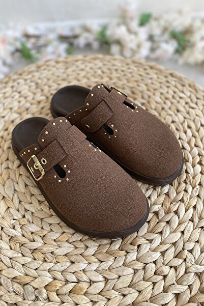 Tamdabu Ayakkabı Brown Suede Comfortable and Stylish Daily Women's Slippers Tmd2025002