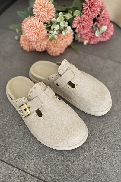 Tamdabu Ayakkabı Cream Suede Comfortable and Stylish Daily Women's Slippers Tmd2025002