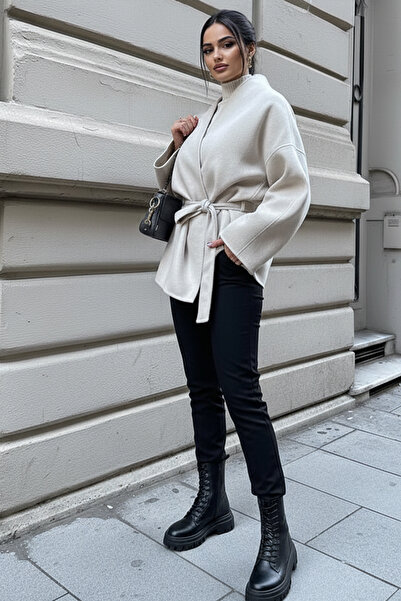 ALFUDO Moda Collection Krem Bağlama Detaylı Rahat Kalıp Kaşmir Hırka/Ceket