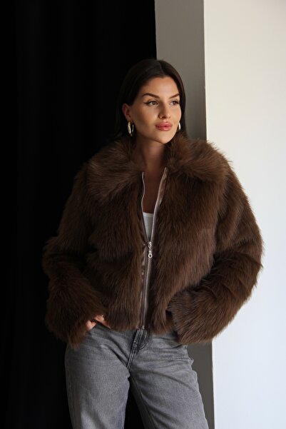 Julidress Кафеникаво кожено палто с цип отпред и подплата от висококачествено кожа