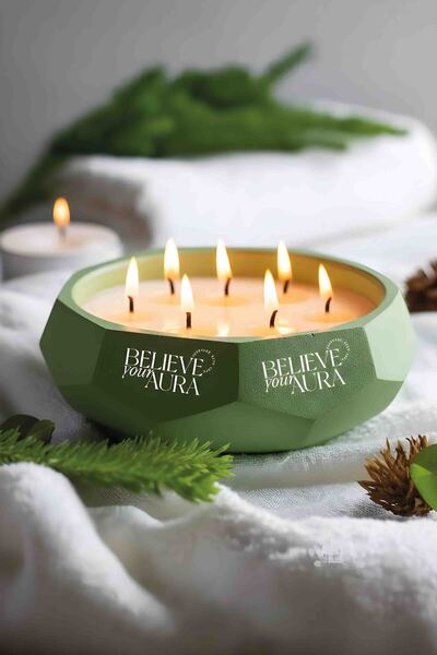 Believe Your Aura Sandal Ağacı Kokulu Mum - %100 Soya Mumu El Yapımı Yeşil Be...