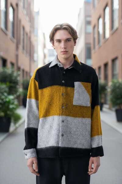 penyego Gri siyah ve sarı renk desenli tam kışlık oduncu gömlek