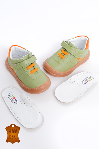 lina step Green Genuine Leather Stitched to Orthopedic Sole Baby Boy First Step Shoes