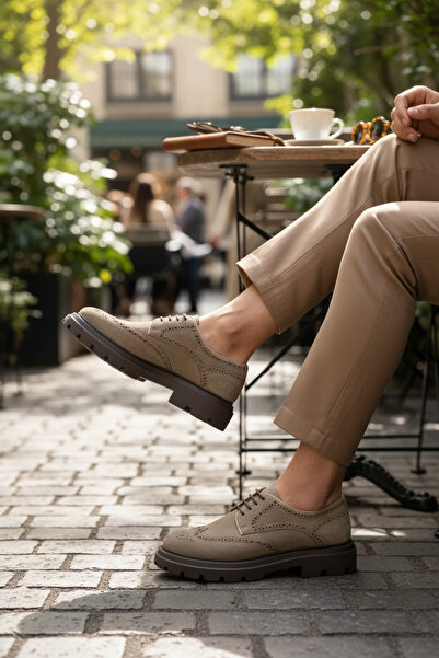 TUNAELLİ Men's Beige Suede Genuine Natural Leather Size 39-45 Eva Sole Lace-Up Shoes