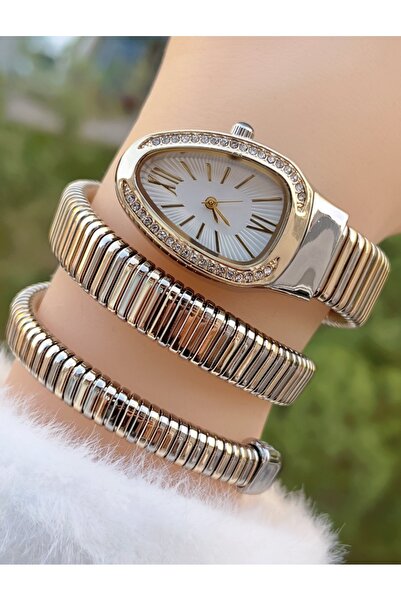 Weluxa Gold and Silver Color White Dial Snake Model Women Wristwatch