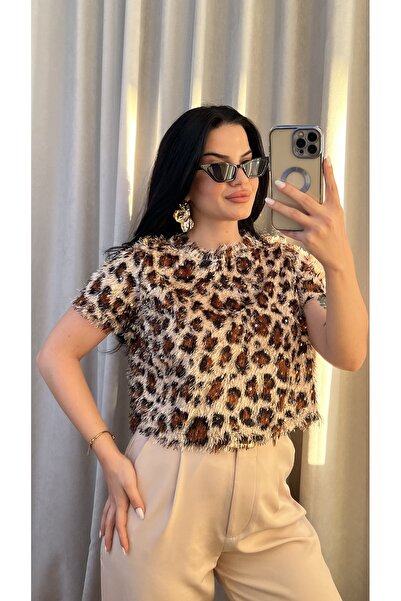 Butik Leopar saçak pullu bluz