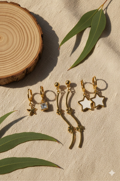 NUVESSA 6’LI ÇELİK KÜPE SETİ- YILDIZ KARE VE ŞIK ZİNCİR TASARIMI