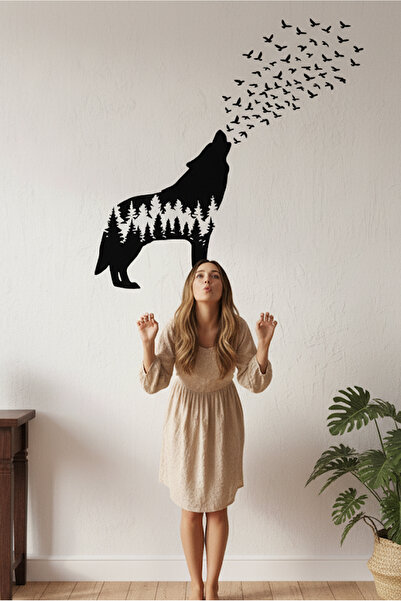 KT Decor Uljajući vuk, drveće i ptice, umetnička zidna naljepnica za dnevnu s...