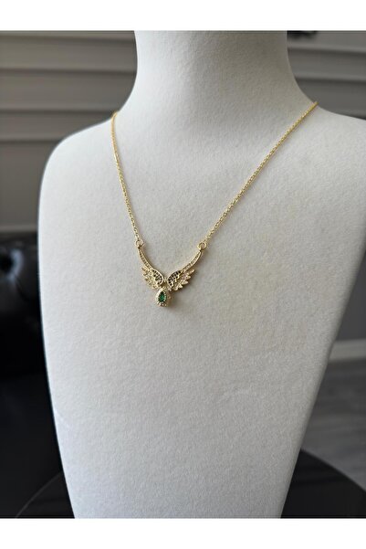 Store Yüzde Yüz Çelik Zincir Zirkon ve Zümrüt Taşlı Altın Kaplama Melek Kanadı Kolye