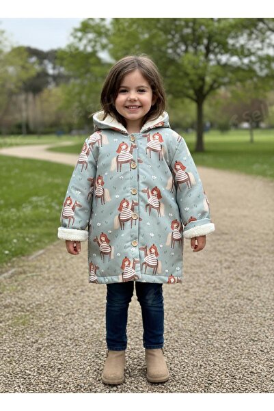 BeeMyBaby Atlı Prenses Temalı, Kapüşonlu, Yeşil Renk Kız Çocuk Mont Parka