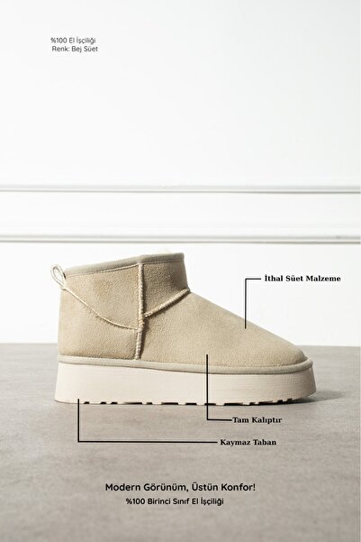 Zintra Kadın Süet Mini Bej Renk Bot – İç Kürklü, Kalın Tabanlı Bilekte Şık Bot