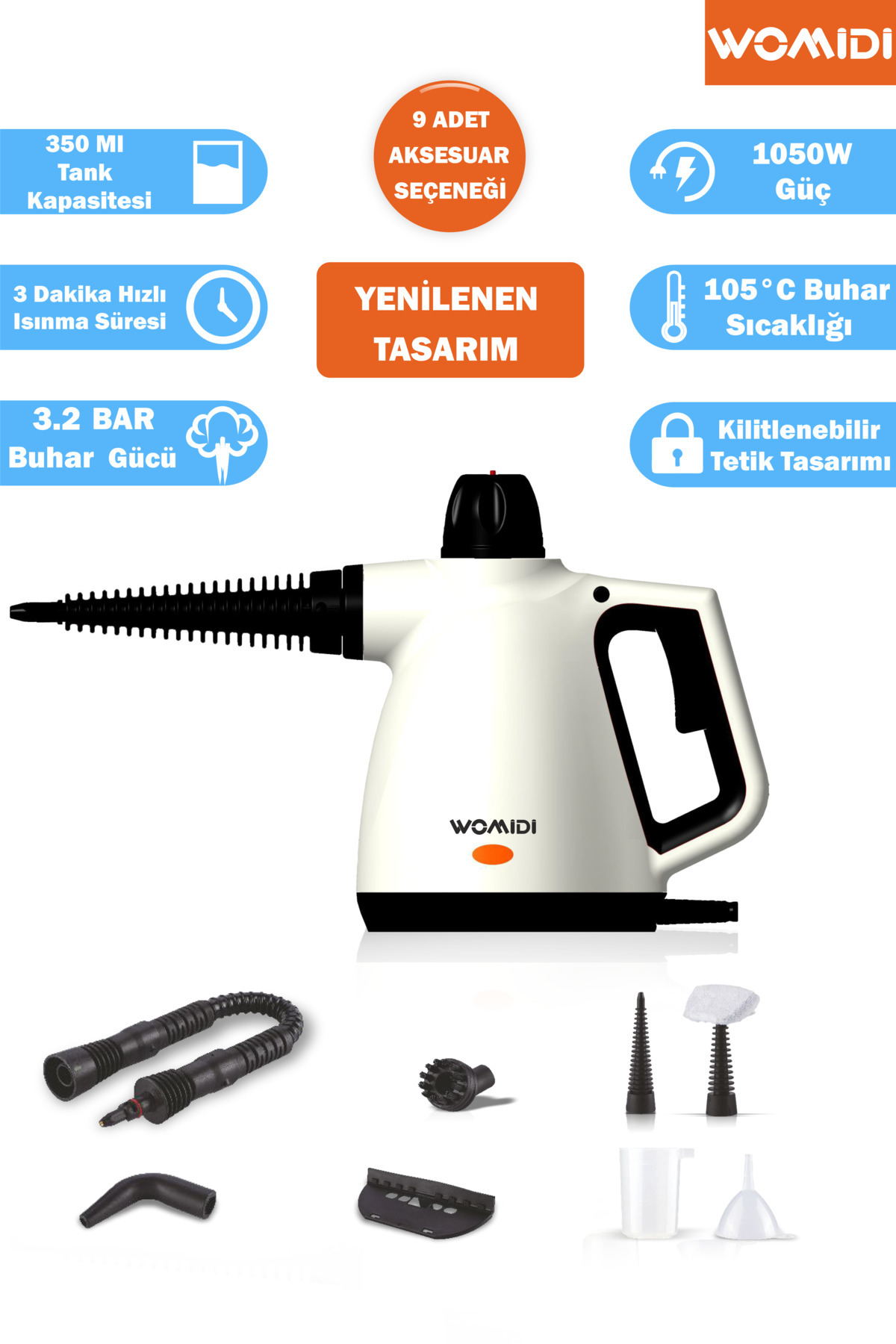 womidi Hy-306 Çok Fonksiyonlu Buharlı Temizleyici -9 Aparatlı- Ev, Zemin, Ara...