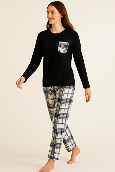 ModaLeaf Σετ πιτζάμες σε μαύρο χρώμα με μακρυμάνικο μαύρο καρό σχέδιο