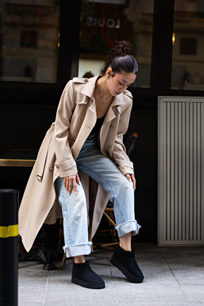 Zintra Kadın Süet Mini Siyah Renk Bot – İç Kürklü, Kalın Tabanlı Bilekte Şık Bot