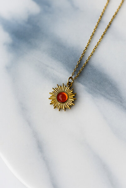 stainless steell Kırmızı Taşlı Gold Vintage Kolye