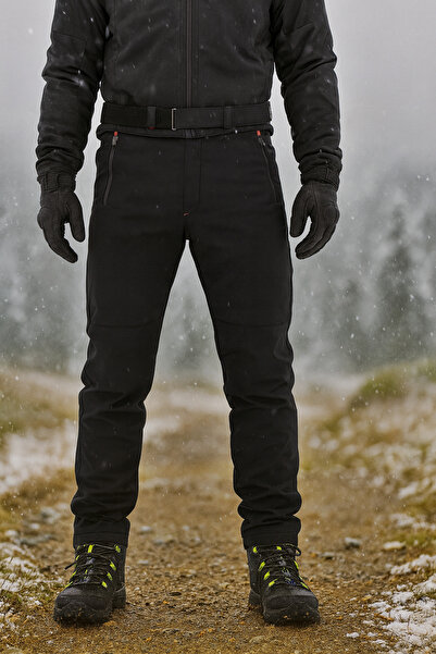 YSF Outdoor Erkek Su & Rüzgar Geçirmez Kışlık Kendinden Polarlı Softshell Outdoor Trekking Pantolon – Siyah