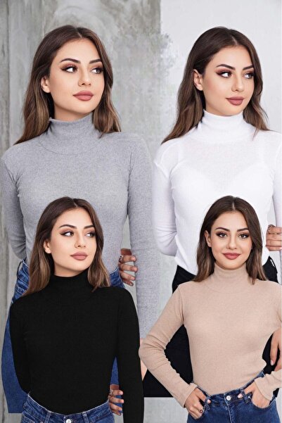 bykombincim Unisex 4'LÜ Paket Siyah Beyaz Bej Gri Pamuklu Balıkçı Yaka FİTİLLİ Şardonlu Slimfit Boğazlı Kazak