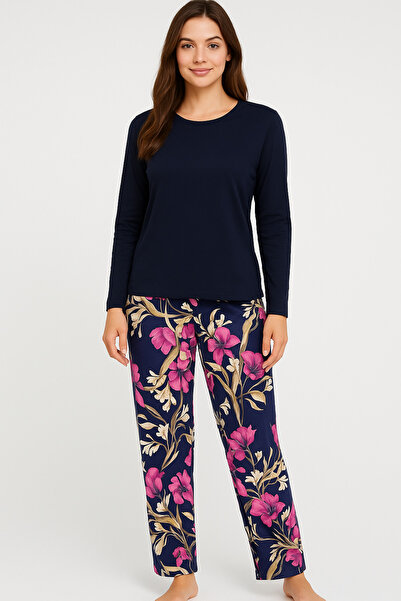 ModaLeaf Синій комплект піжами з довгими рукавами та квітковим візерунком