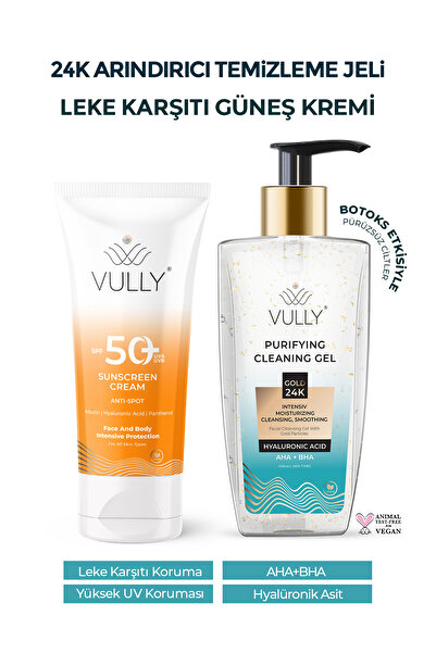 VULLY 24k Altın Parçacıklı Yüz Temizleme Jeli+Leke Karşıtı-Aydınlatıcı ve Nemlendirici Spf+50 Güneş Kremi