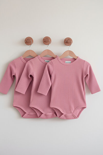 Lindakids Fitilli Kumaş %100 Pamuk Uzun Kollu Çıtçıtlı 3'lü Pembe Bebek Body/...