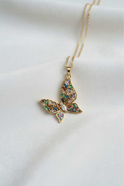 özgül takı ve tasarım Paslanmaz Çelik Altın Renk Zirkon Taşlı Kelebek Kadın K...