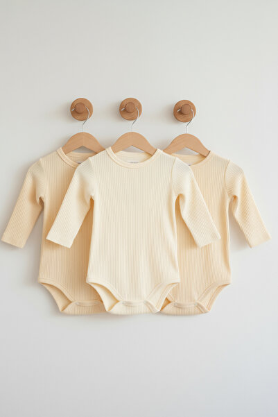Lindakids Fitilli Kumaş %100 Pamuk Uzun Kollu Çıtçıtlı 3'lü Sarı Bebek Body/Z...