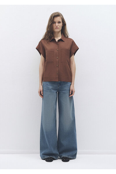 Mavi Keten Karışımlı Kahverengi Gömlek Loose Fit / Bol Rahat Kesim 1211090-90437