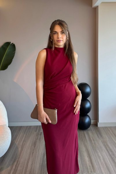 Aventien Zero Sleeve Draped Burgundy Maxi Dress