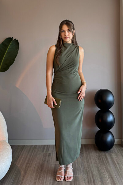Aventien Sıfır Kol Drapeli Haki Maxi Elbise