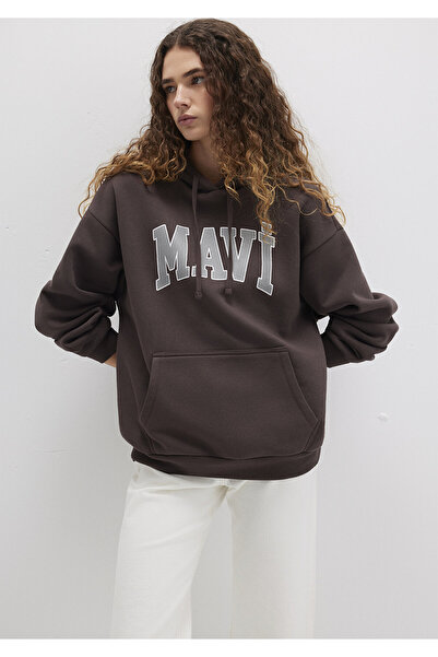 Mavi Logo Baskılı Kapüşonlu Kahverengi Sweatshirt 1600361-70222