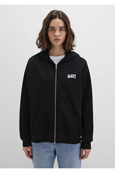 Mavi Logo Baskılı Kapüşonlu Fermuarlı Siyah Sweatshirt 1S10178-900