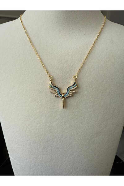 Store Yüzde Yüz Çelik Zincir Mavi Zirkon Taşlı Altın Kaplama Mikail Melek Kolye