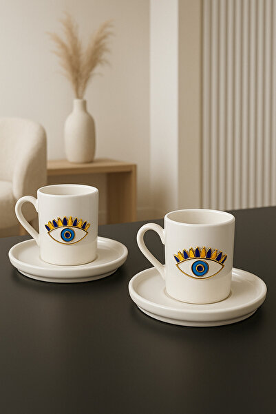 YzHome 2 Kişilik Beyaz Porselen Nazar Göz Kahve Fincan Takımı Sunum Fincanı 100ml