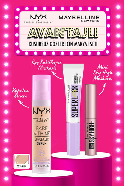 NYX Professional Makeup Bare With Me 03  Kapatıcı & Super Lock Kaş Sabitleyici Makyaj Seti & Sky High Mini Maskara