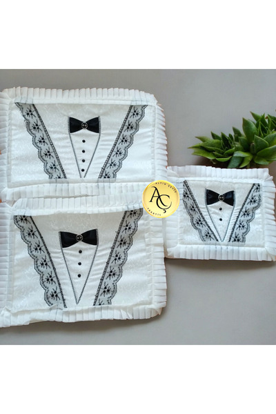 Altın Çeyiz Tekstil Papyon Motifli Siyah Beyaz Damat Çeyizlik 3'lü Hurç Seti, Düğün, Nişan, Bohça, Gelin, Damat, Hurcu