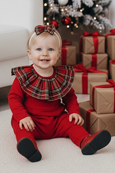 Parla Kids Girl's Red Plaid Collared New Year's Jumpsuit Salopet