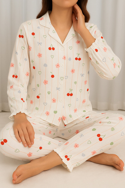 ELİTOL Çiçek Desenli Bürümcük Örme Uzun Kol Kadın Düğmeli Pijama Takımı