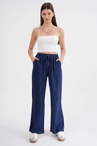 Mixray 4629 Women's Wide Leg High Waist Viscose Palazzo Pants Navy Blue