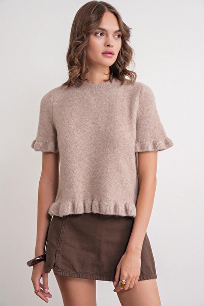 Mixray 6974 Γυναικείο πουλόβερ με βολάν από μάλλινο μείγμα με κοντό μανίκι Premium Mink Marn