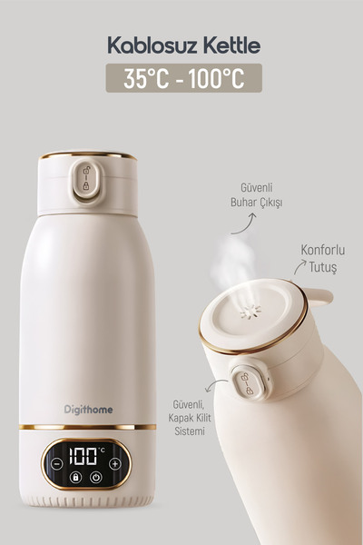 Digithome Go Smart Taşınabilir Şarjlı Çelik Su Isıtıcı Kablosuz Kettle (35-100 C°) Milky White 500 ML DGT-102
