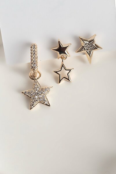 Petalia Asimetrik Yıldızlar Üçlü Küpe Seti