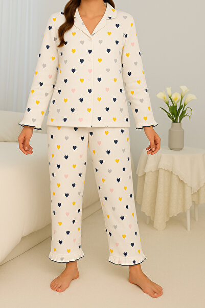 ELİTOL Kalp Desenli Bürümcük Örme Uzun Kol Kadın Düğmeli Pijama Takımı