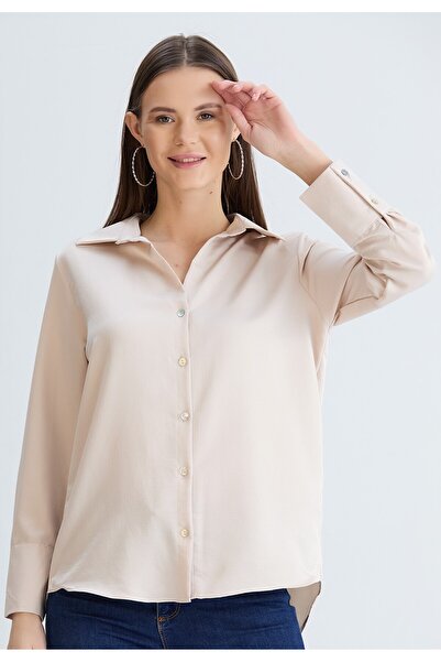 nurneva Cămașă din satin pentru femei, culoare piatră, cu mânecă lungă, model obișnuit, lungime midi, cu manșete lungi