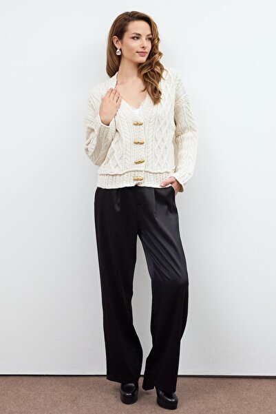SHERIN Beige Shepherd's Button Braided Knitted Cardigan