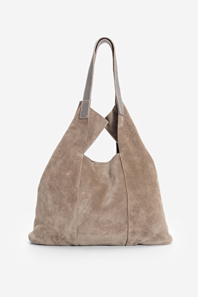 Marjin Kadın Hakiki Deri Shopper İçi Çantalı Düğme Kapama Omuz Çantası Filun Vizon Süet