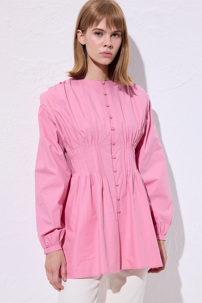Manuka Beli Pile Detail Long Sleeve Bluz Pink